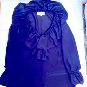 Lemonde Navy Blue rayon ruffle blouse/ tunic. Two button closure. Size M. V neck